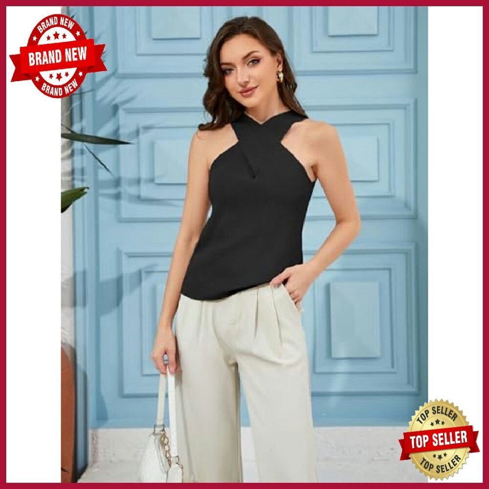 Soft Knit Halter Tank Top, Sleeveless Cross Front, Casual Summer Blouse - Picture 7 of 8